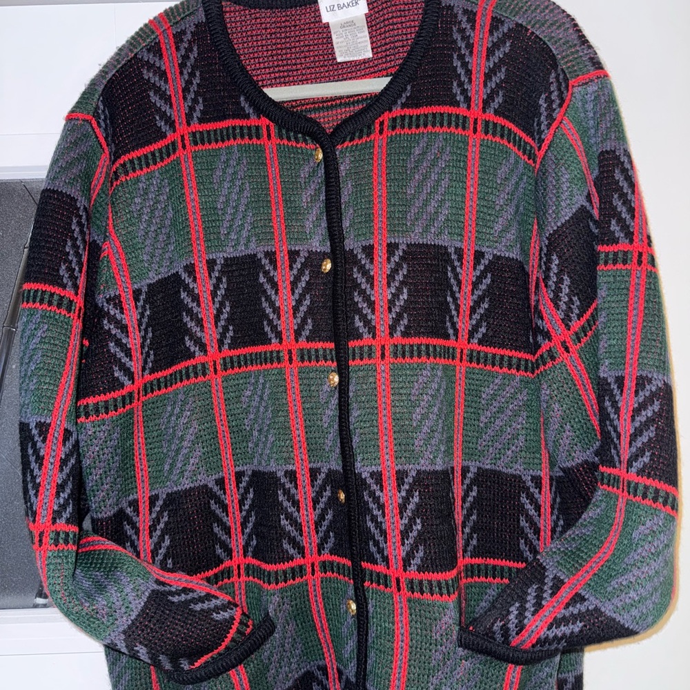 Liz Baker Red, Black, Green Plaid Cardigan Sweater with gold buttons and pockets